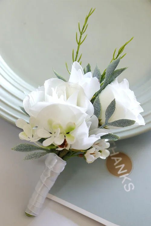 White Boutonniere Wrist Corsage Bridesmaid Wedding Decor Bride Flowers accessoires de mariage - Luzilly Bridal & Apparel