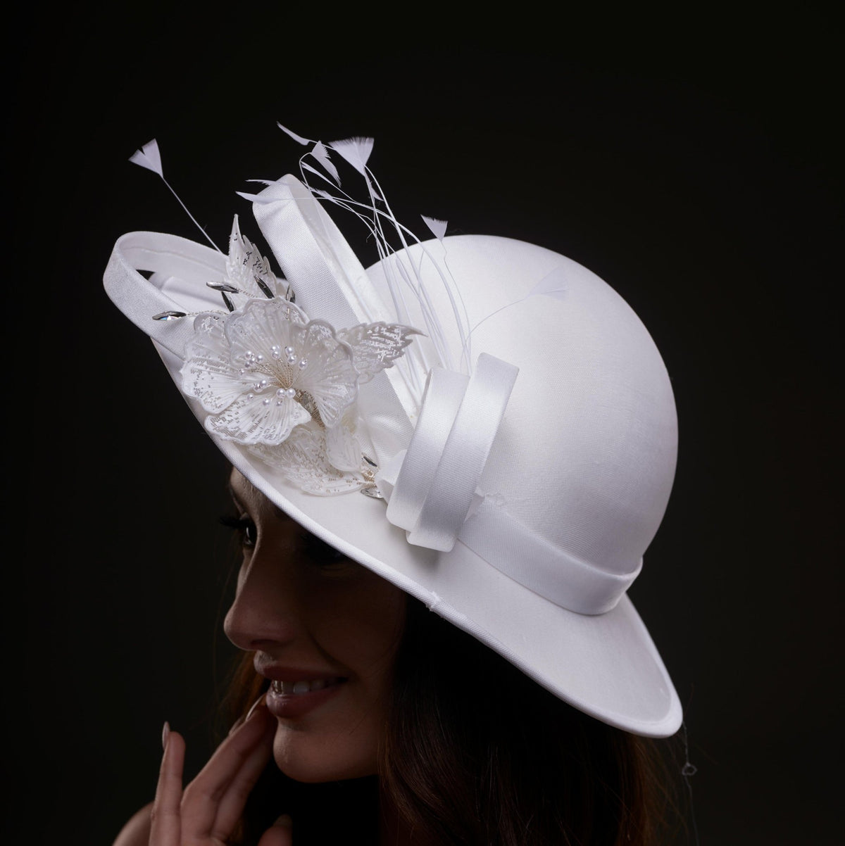 White Bridal Hat with Flower and Ribbon - Luzilly Bridal & Apparel