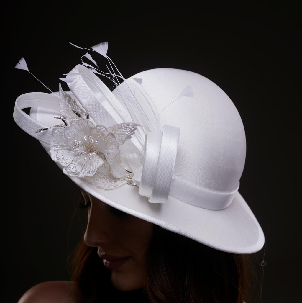 White Bridal Hat with Flower and Ribbon - Luzilly Bridal & Apparel