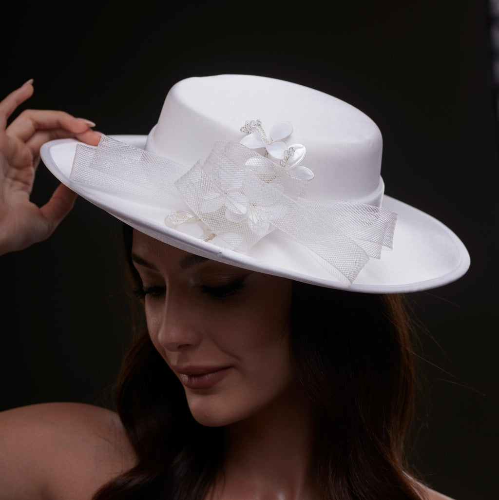 White Bridal Hat with Pearls and Flowers - Luzilly Bridal & Apparel