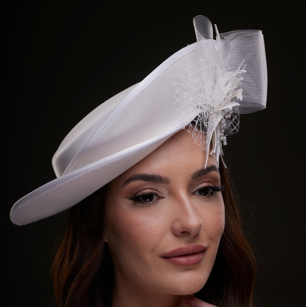 White Bridal Hat with Sculpted Flower - Luzilly Bridal & Apparel