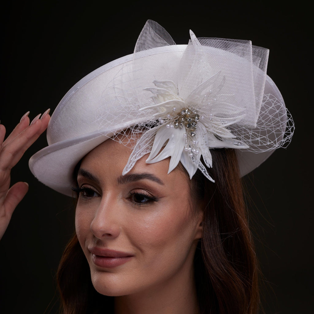 White Bridal Hat with Sculpted Flower - Luzilly Bridal & Apparel