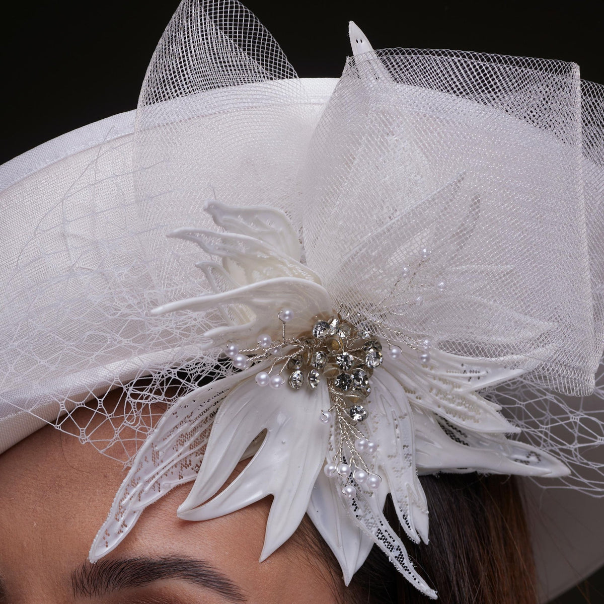 White Bridal Hat with Sculpted Flower - Luzilly Bridal & Apparel