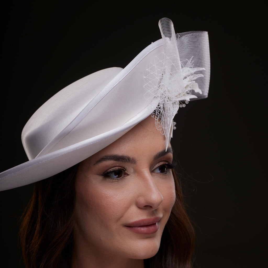 White Bridal Hat with Sculpted Flower - Luzilly Bridal & Apparel