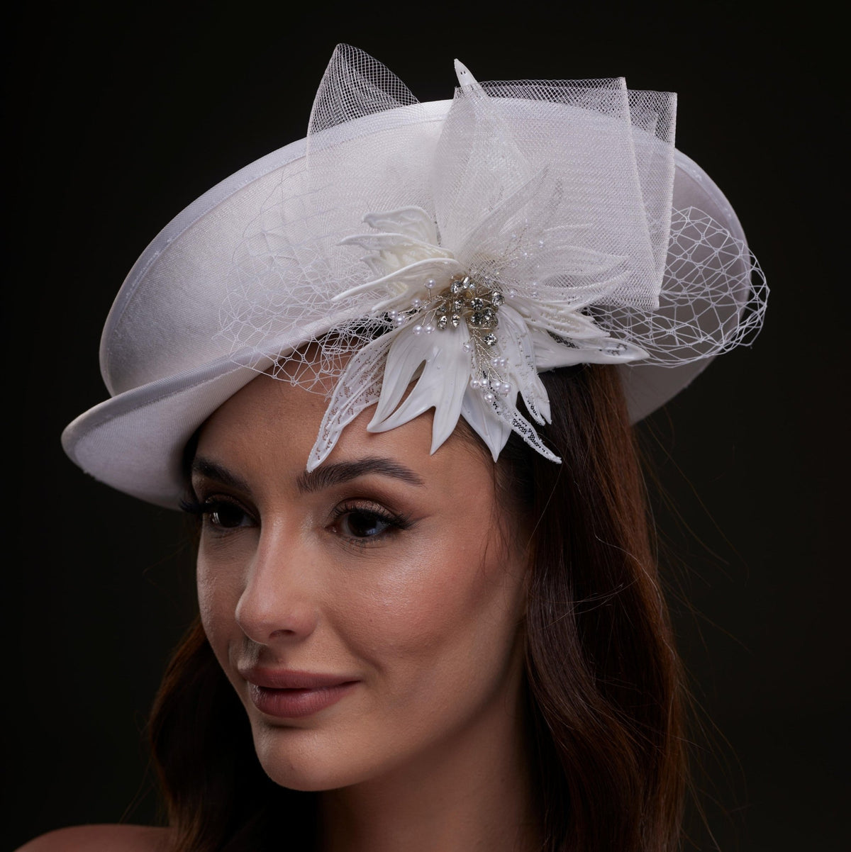 White Bridal Hat with Sculpted Flower - Luzilly Bridal & Apparel