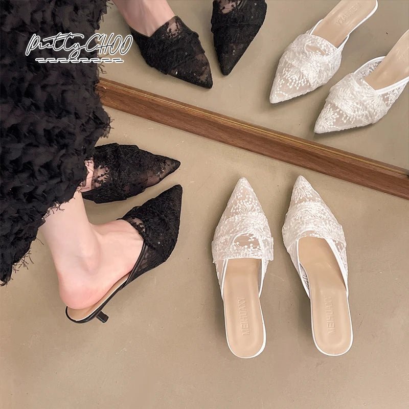 White Embroidered Lace Kitten-Heel Bridal Mules - Luzilly Bridal & Apparel