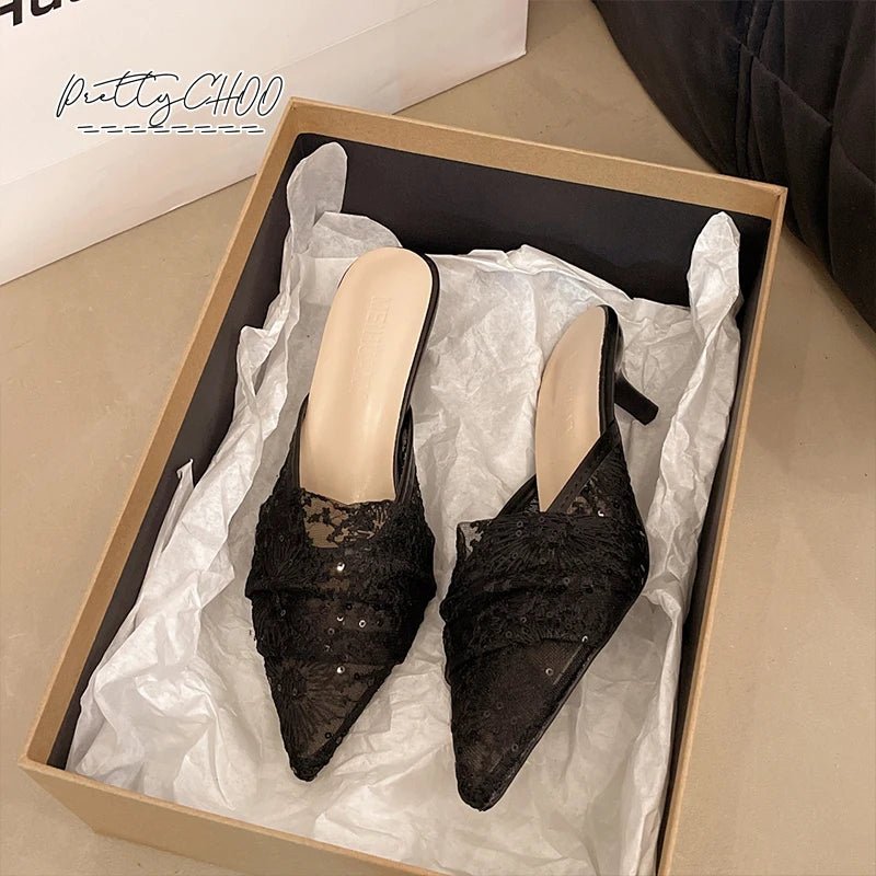 White Embroidered Lace Kitten-Heel Bridal Mules - Luzilly Bridal & Apparel