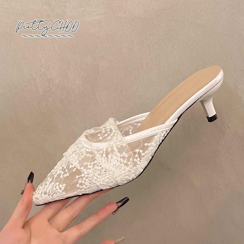 White Embroidered Lace Kitten-Heel Bridal Mules - Luzilly Bridal & Apparel