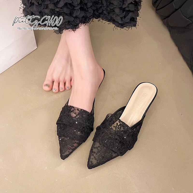 White Embroidered Lace Kitten-Heel Bridal Mules - Luzilly Bridal & Apparel