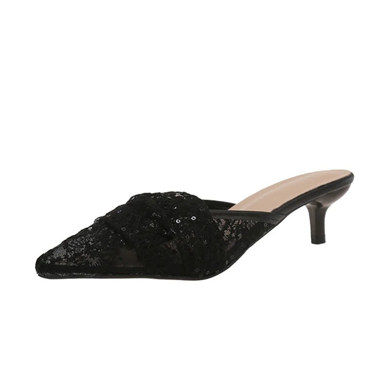 White Embroidered Lace Kitten-Heel Bridal Mules - Luzilly Bridal & Apparel
