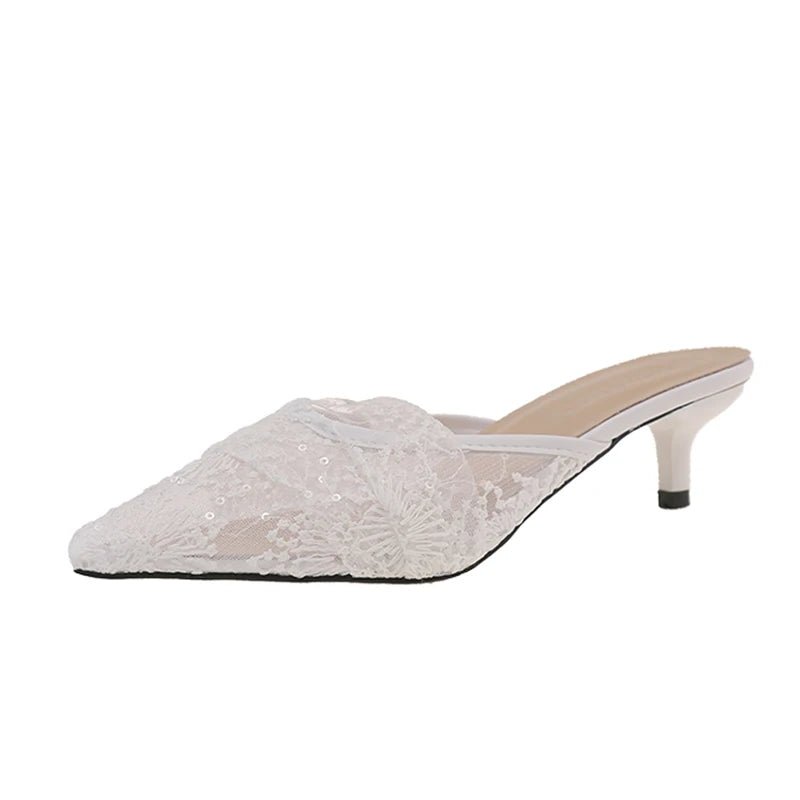 White Embroidered Lace Kitten-Heel Bridal Mules - Luzilly Bridal & Apparel