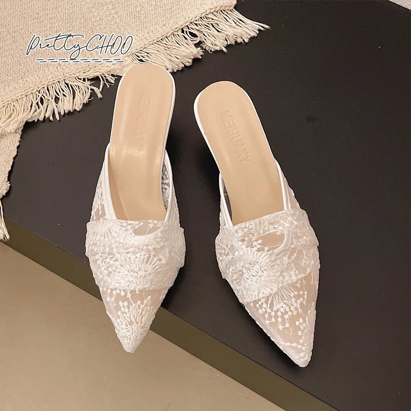 White Embroidered Lace Kitten-Heel Bridal Mules - Luzilly Bridal & Apparel
