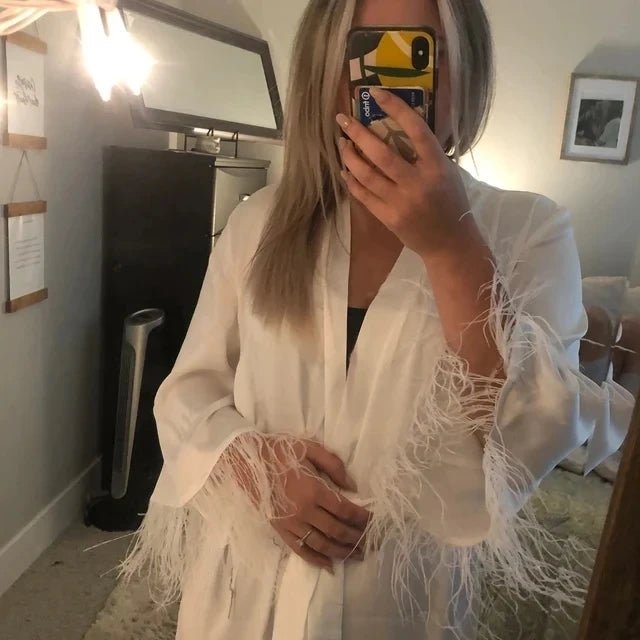 White Feather-Sleeve and Sheer Lace Bridal Robe - Luzilly Bridal & Apparel