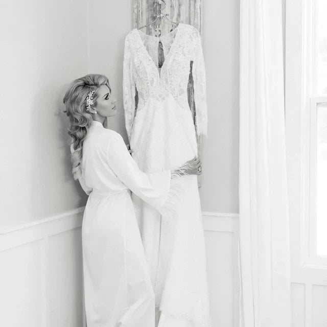White Feather-Sleeve and Sheer Lace Bridal Robe - Luzilly Bridal & Apparel