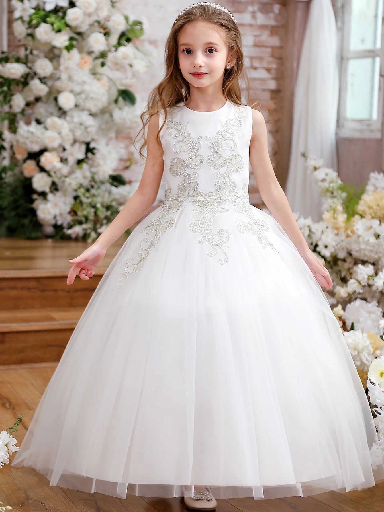 White Floral Lace Appliqué Tulle Flower Girl Dress - Luzilly Bridal & Apparel