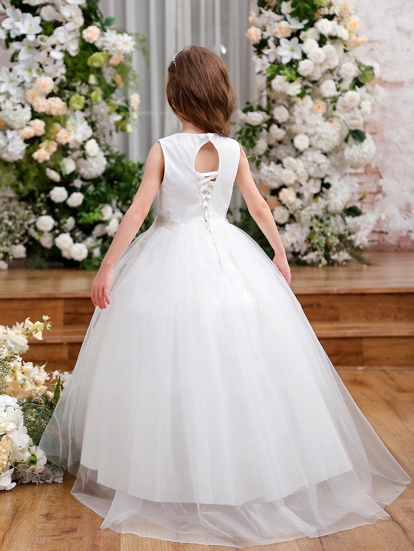 White Floral Lace Appliqué Tulle Flower Girl Dress - Luzilly Bridal & Apparel