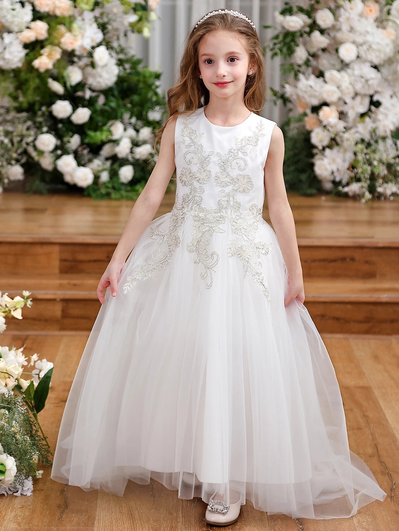 White Floral Lace Appliqué Tulle Flower Girl Dress - Luzilly Bridal & Apparel