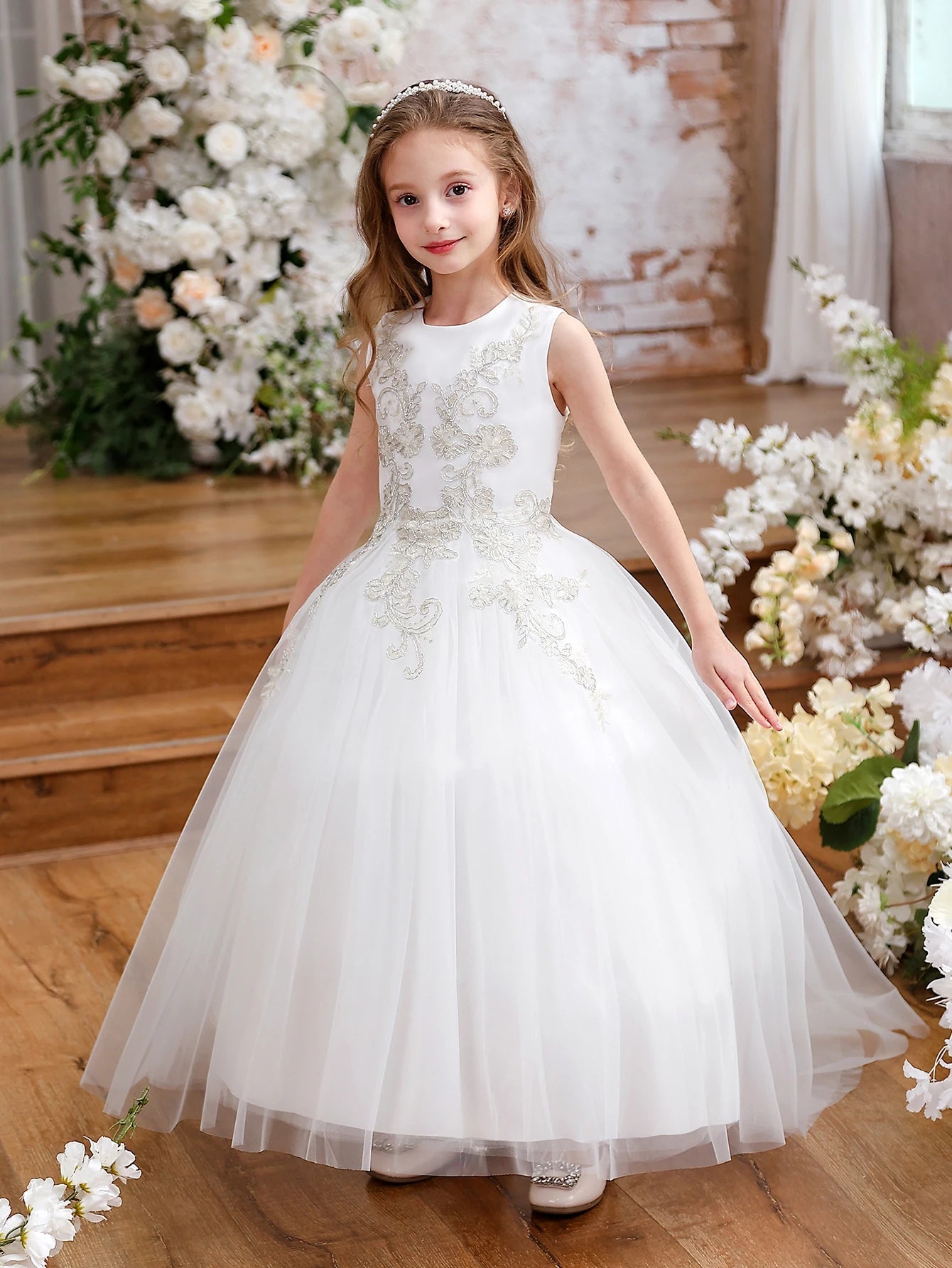 White Floral Lace Appliqué Tulle Flower Girl Dress - Luzilly Bridal & Apparel