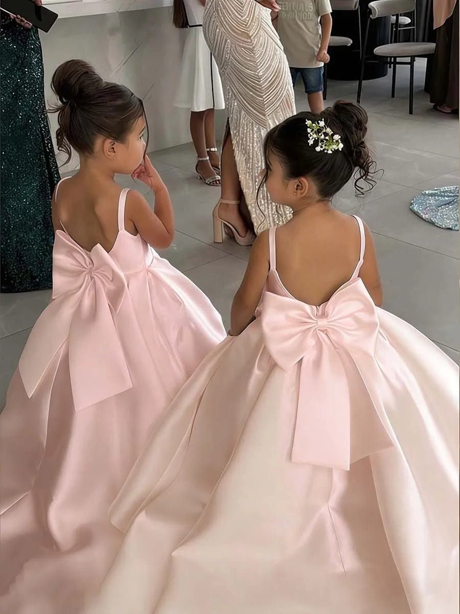 White Flower Girl Ball Gown with Bow Straps - Luzilly Bridal & Apparel