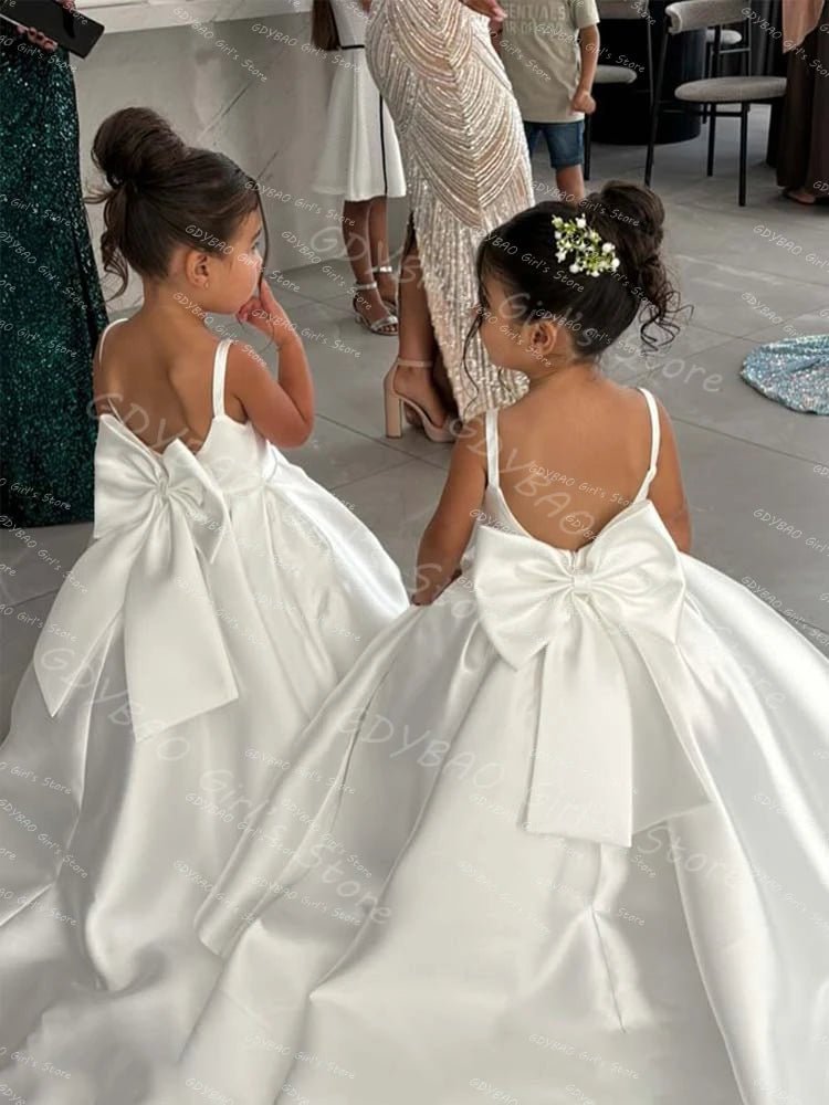White Flower Girl Ball Gown with Bow Straps - Luzilly Bridal & Apparel