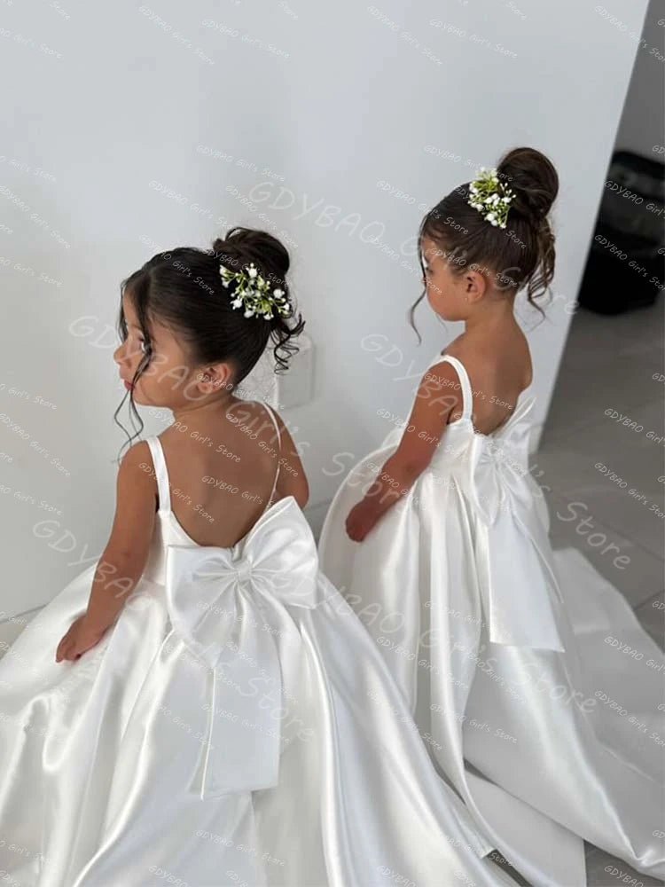 White Flower Girl Ball Gown with Bow Straps - Luzilly Bridal & Apparel