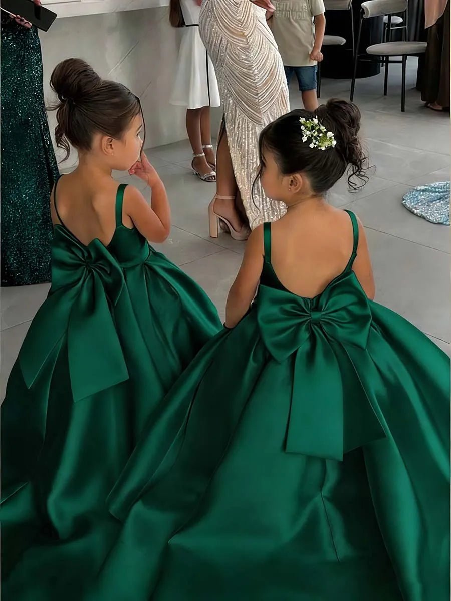 White Flower Girl Ball Gown with Bow Straps - Luzilly Bridal & Apparel