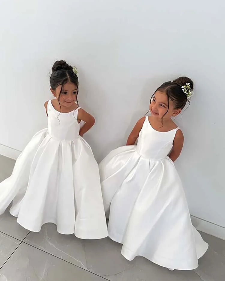 White Flower Girl Ball Gown with Bow Straps - Luzilly Bridal & Apparel