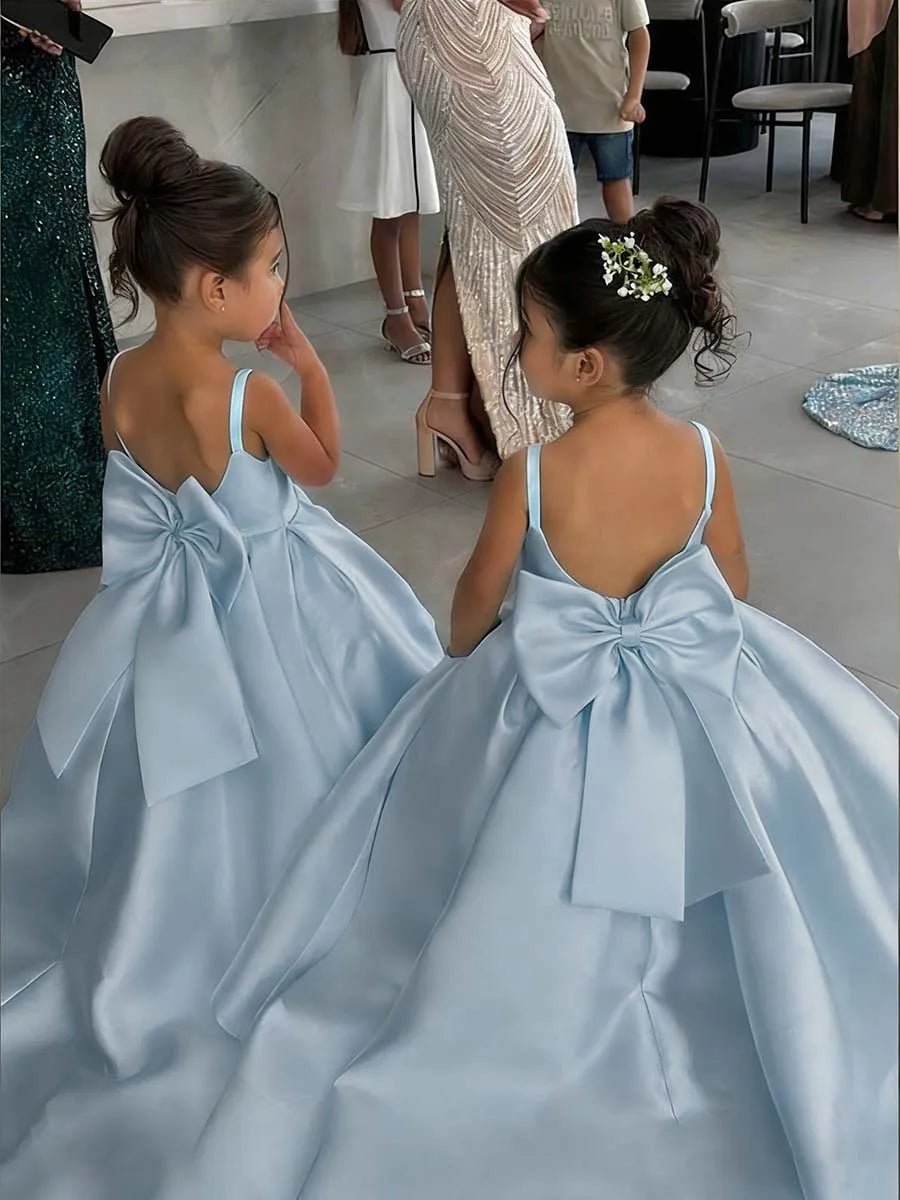 White Flower Girl Ball Gown with Bow Straps - Luzilly Bridal & Apparel