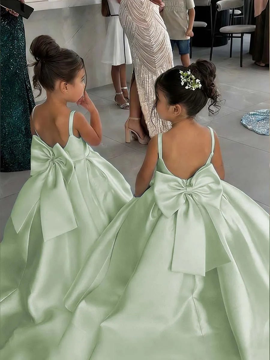 White Flower Girl Ball Gown with Bow Straps - Luzilly Bridal & Apparel