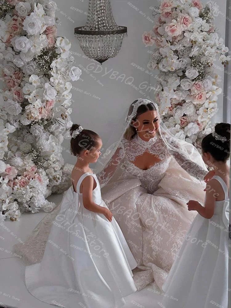White Flower Girl Ball Gown with Bow Straps - Luzilly Bridal & Apparel