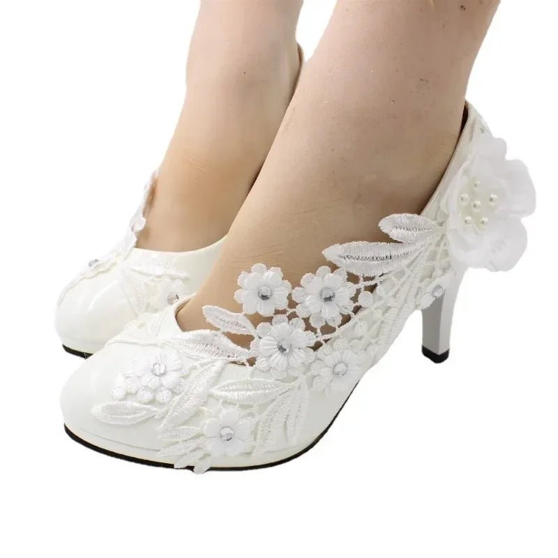 White Flower Platform Bridal High Heels - Luzilly Bridal & Apparel