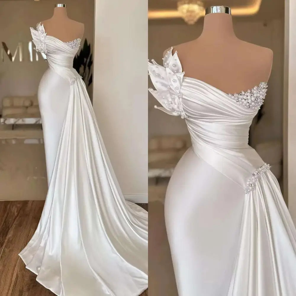 White Graceful Satin Off-the-Shoulder Wedding Dress