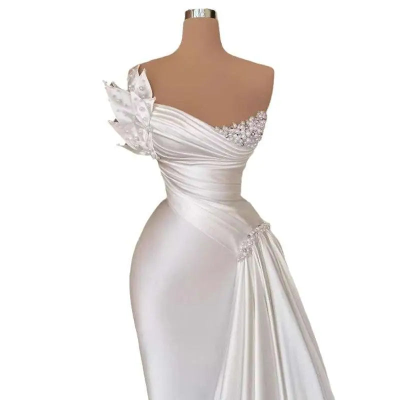 White Graceful Satin Off-the-Shoulder Wedding Dress