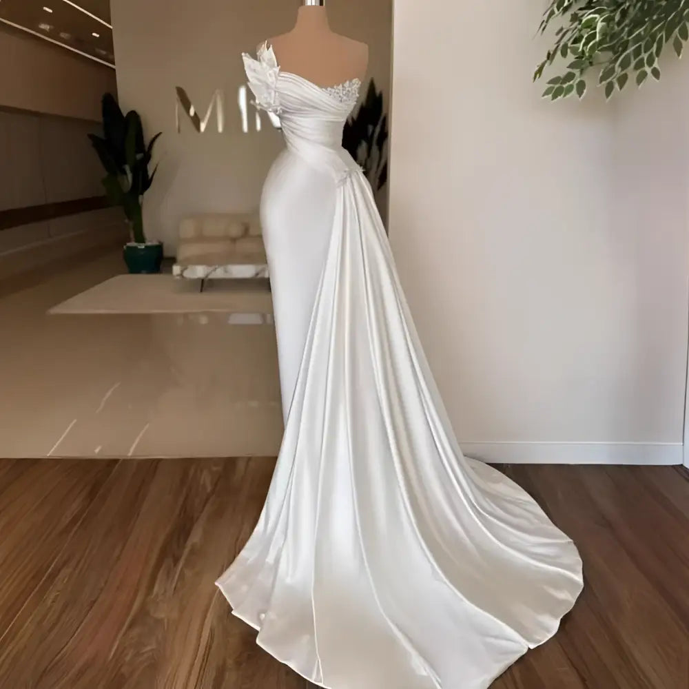 White Graceful Satin Off-the-Shoulder Wedding Dress
