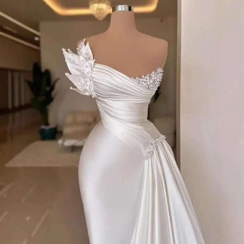 White Graceful Satin Off-the-Shoulder Wedding Dress