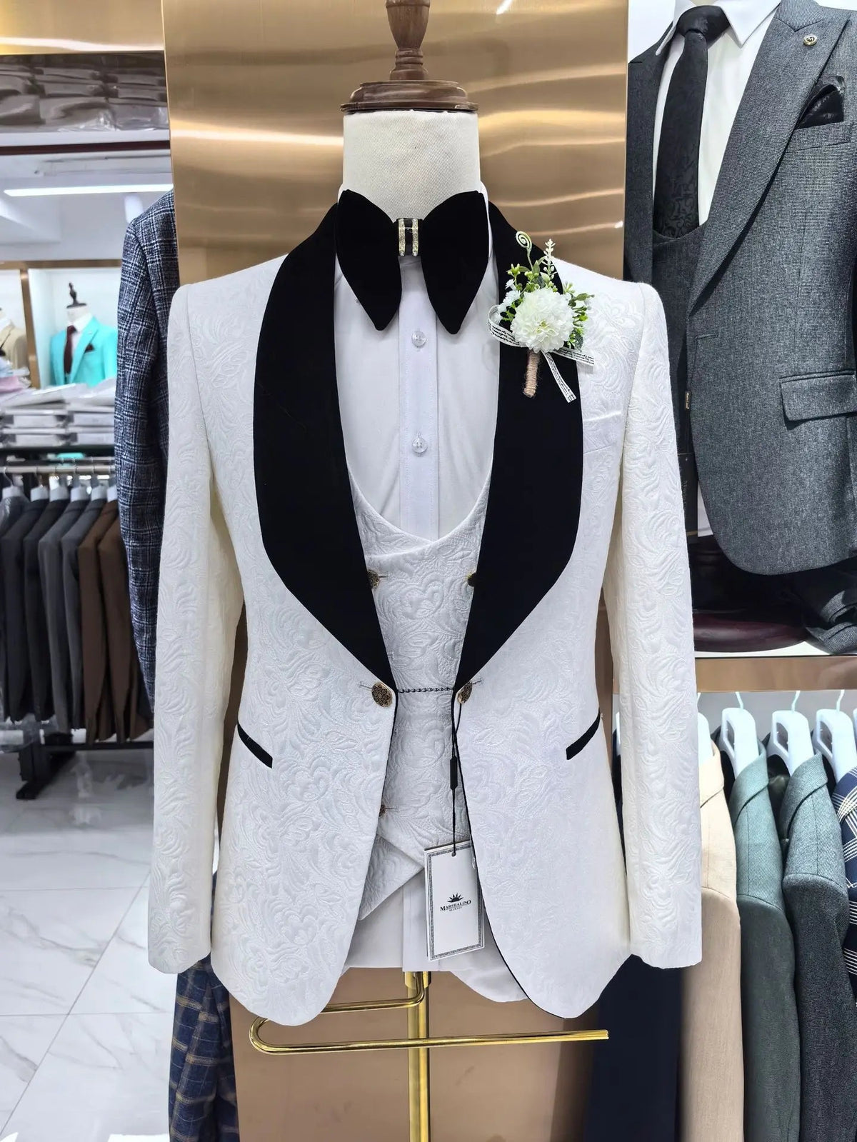 White Jacquard Three-Piece Groom Tuxedo with Satin Collar - Luzilly Bridal & Apparel