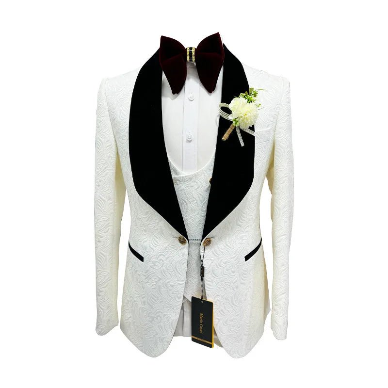 White Jacquard Three-Piece Groom Tuxedo with Satin Collar - Luzilly Bridal & Apparel