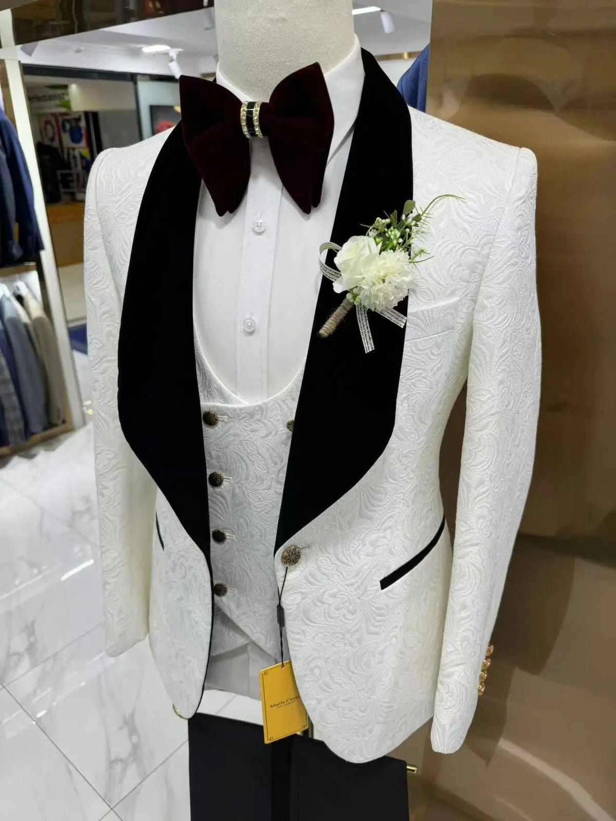White Jacquard Three-Piece Groom Tuxedo with Satin Collar - Luzilly Bridal & Apparel