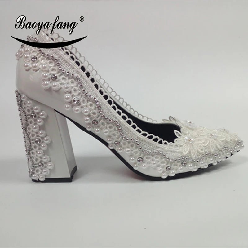 White Lace Ankle-Strap Block-Heel Bridal Shoes - Luzilly Bridal & Apparel