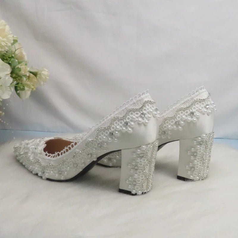White Lace Ankle-Strap Block-Heel Bridal Shoes - Luzilly Bridal & Apparel
