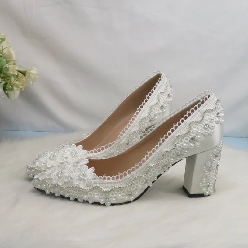 White Lace Ankle-Strap Block-Heel Bridal Shoes - Luzilly Bridal & Apparel
