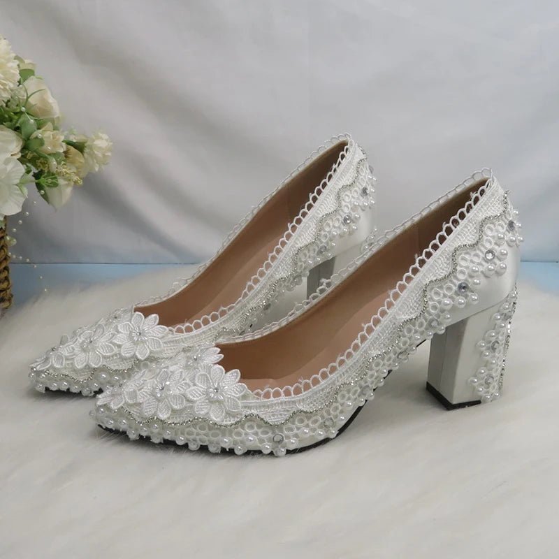 White Lace Ankle-Strap Block-Heel Bridal Shoes - Luzilly Bridal & Apparel