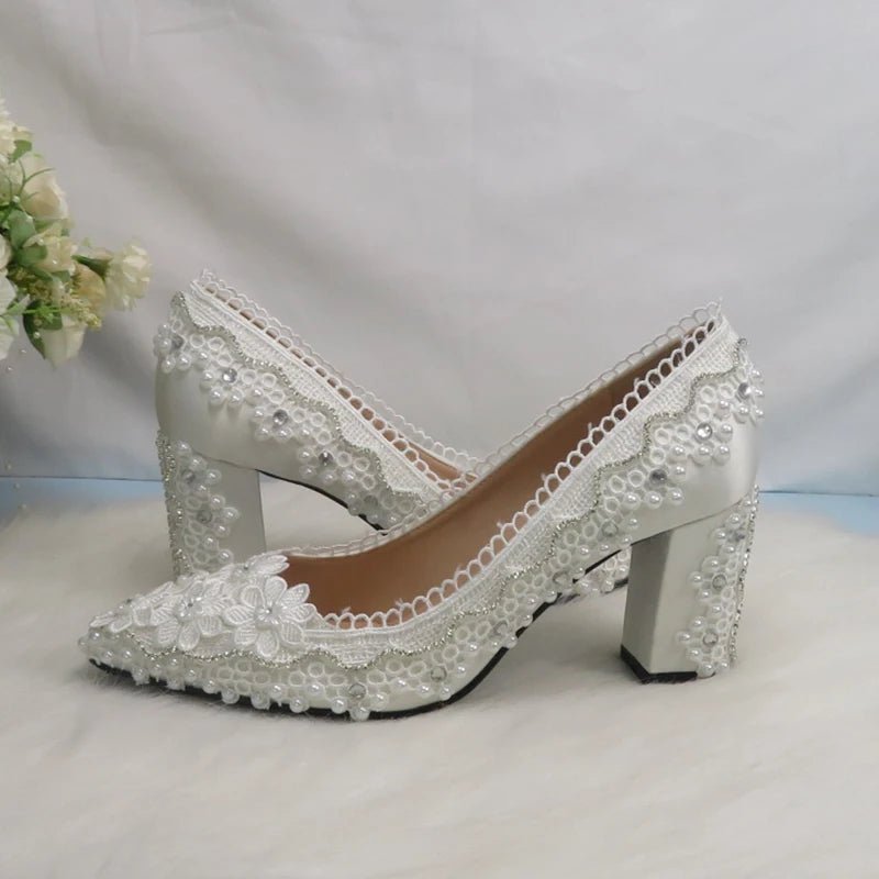 White Lace Ankle-Strap Block-Heel Bridal Shoes - Luzilly Bridal & Apparel