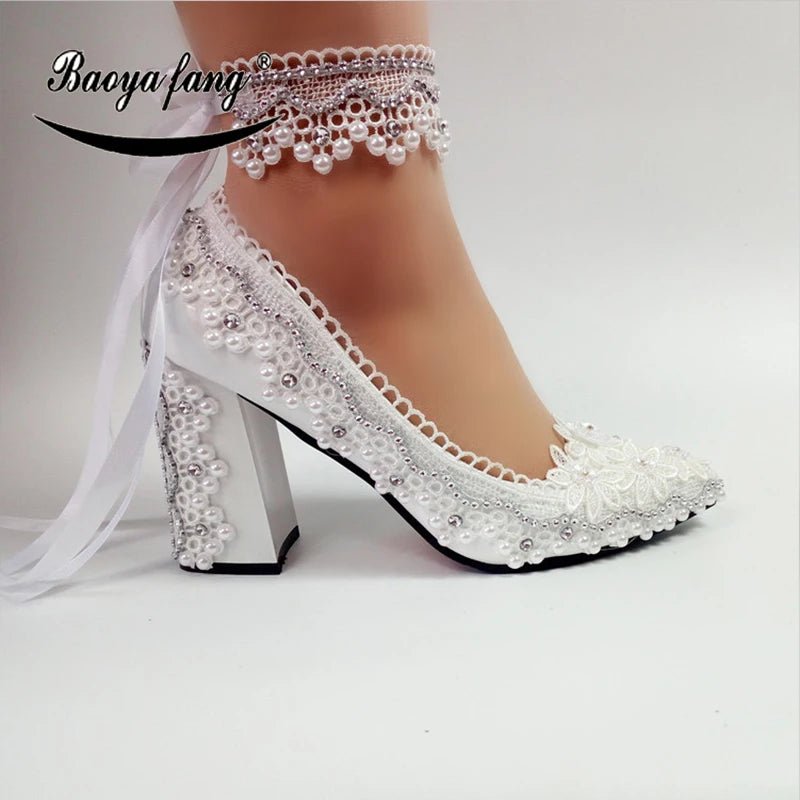 White Lace Ankle-Strap Block-Heel Bridal Shoes - Luzilly Bridal & Apparel