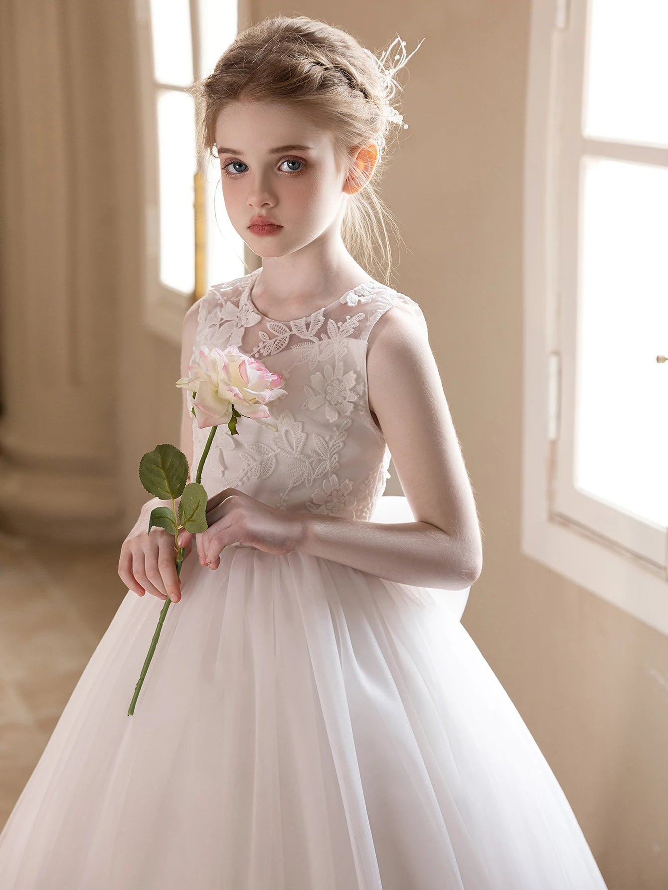 White Lace Embroidered Big Bow Girls Gown - Luzilly Bridal & Apparel