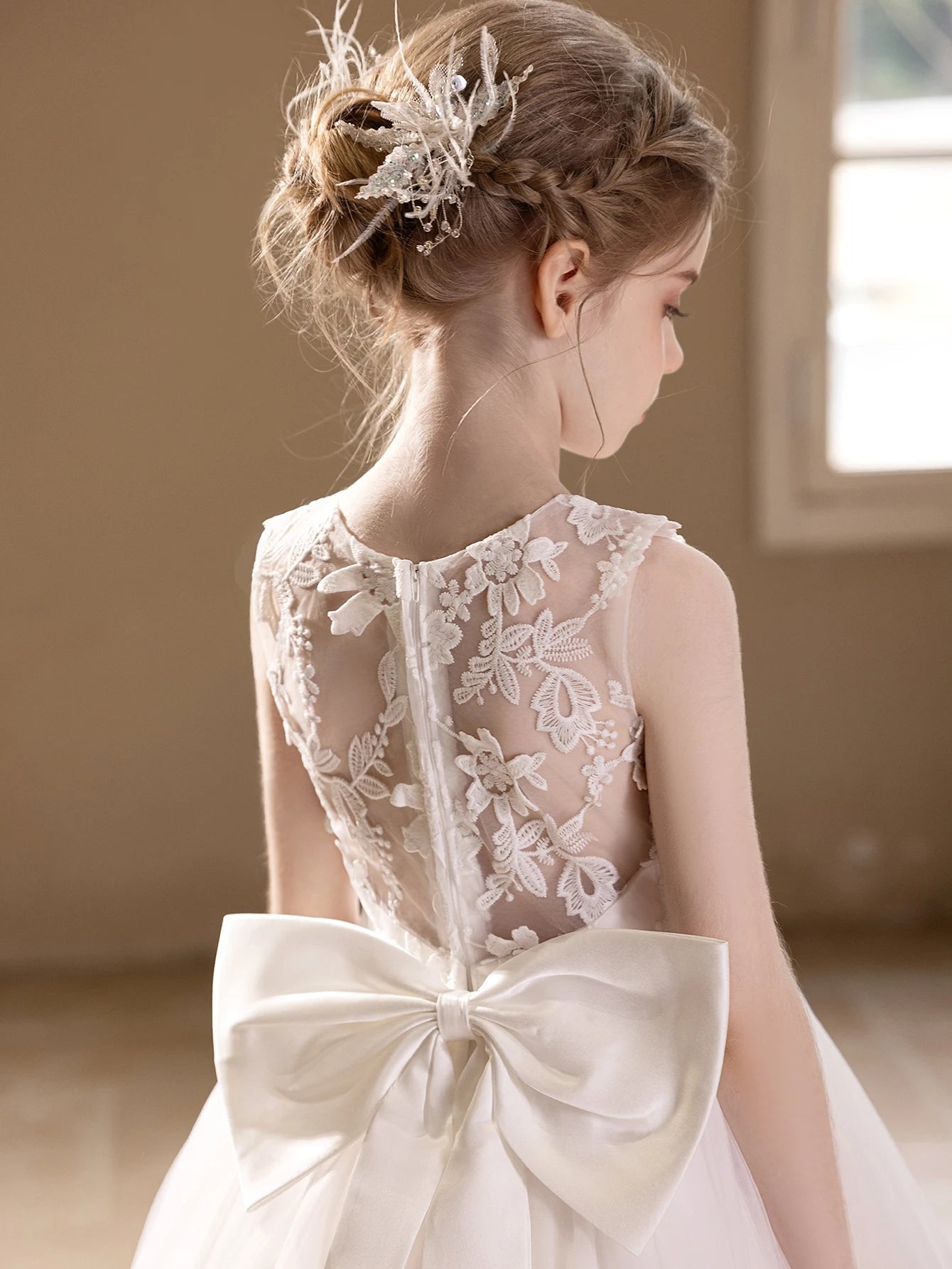 White Lace Embroidered Big Bow Girls Gown - Luzilly Bridal & Apparel
