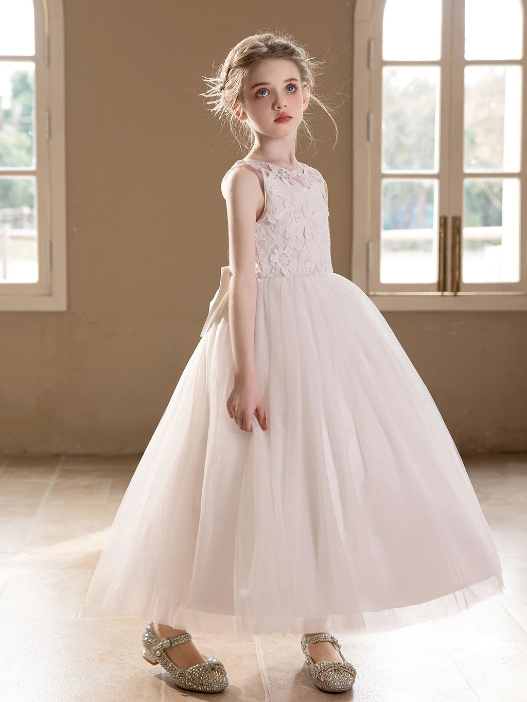 White Lace Embroidered Big Bow Girls Gown - Luzilly Bridal & Apparel
