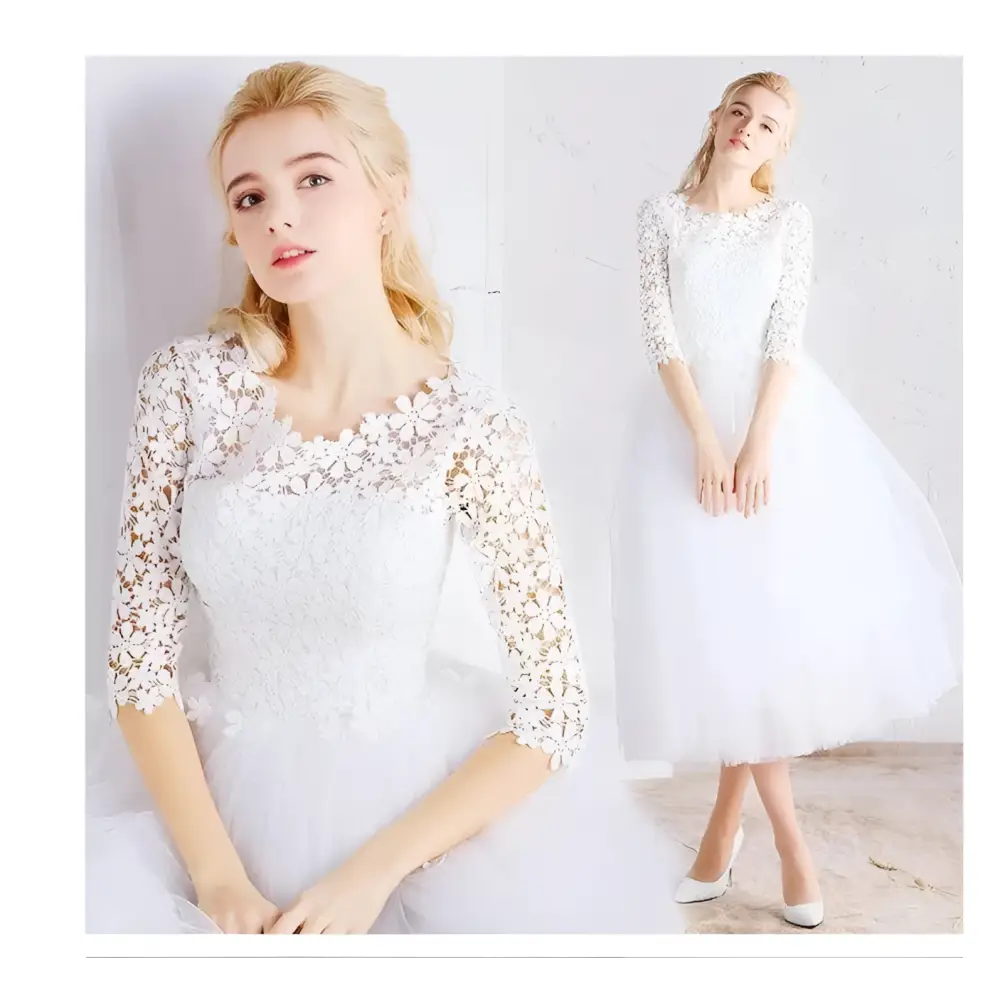 White Lace Floral Wedding Dress with Small Sleeves