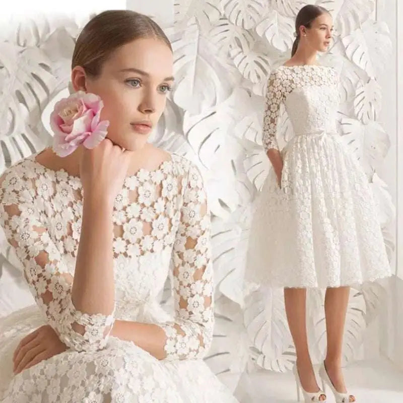White Lace Floral Wedding Dress with Small Sleeves