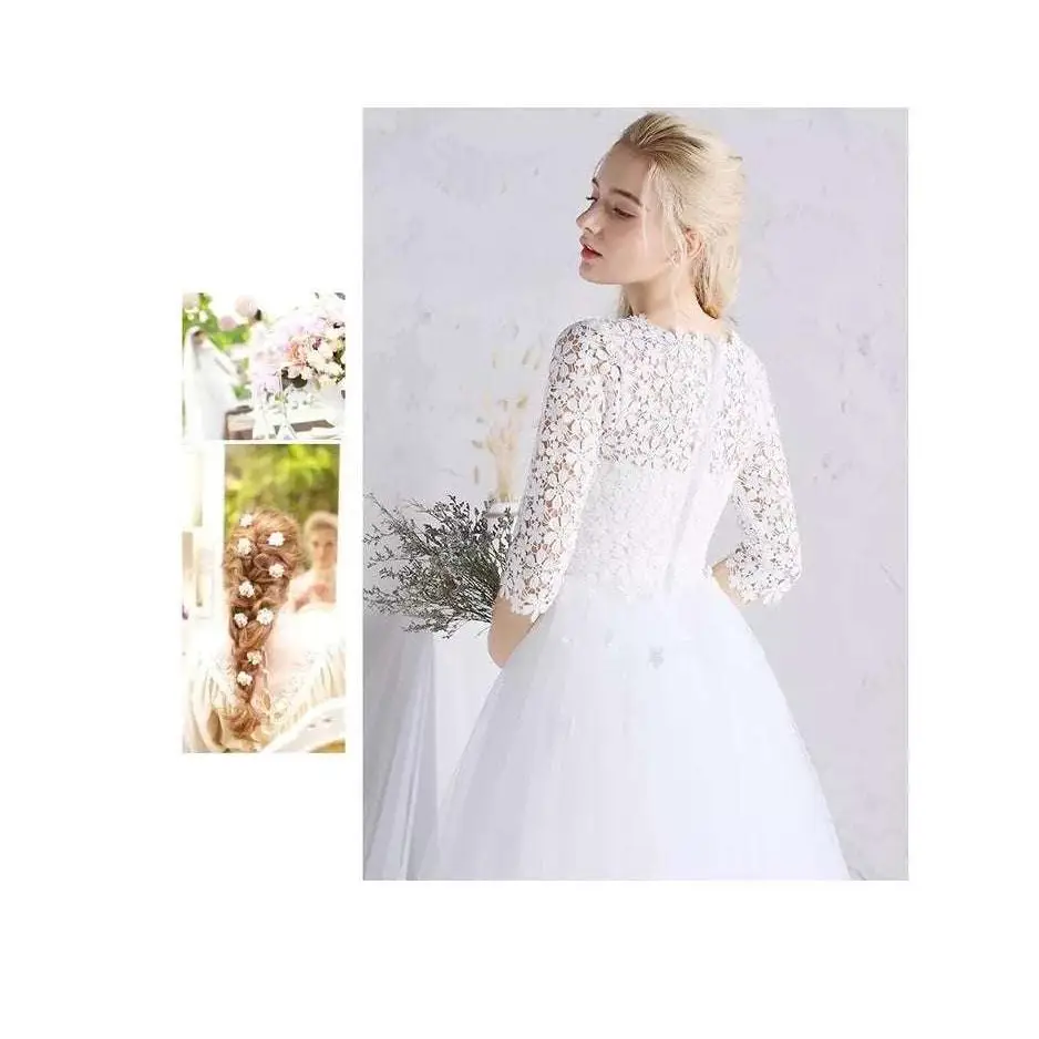 White Lace Floral Wedding Dress with Small Sleeves